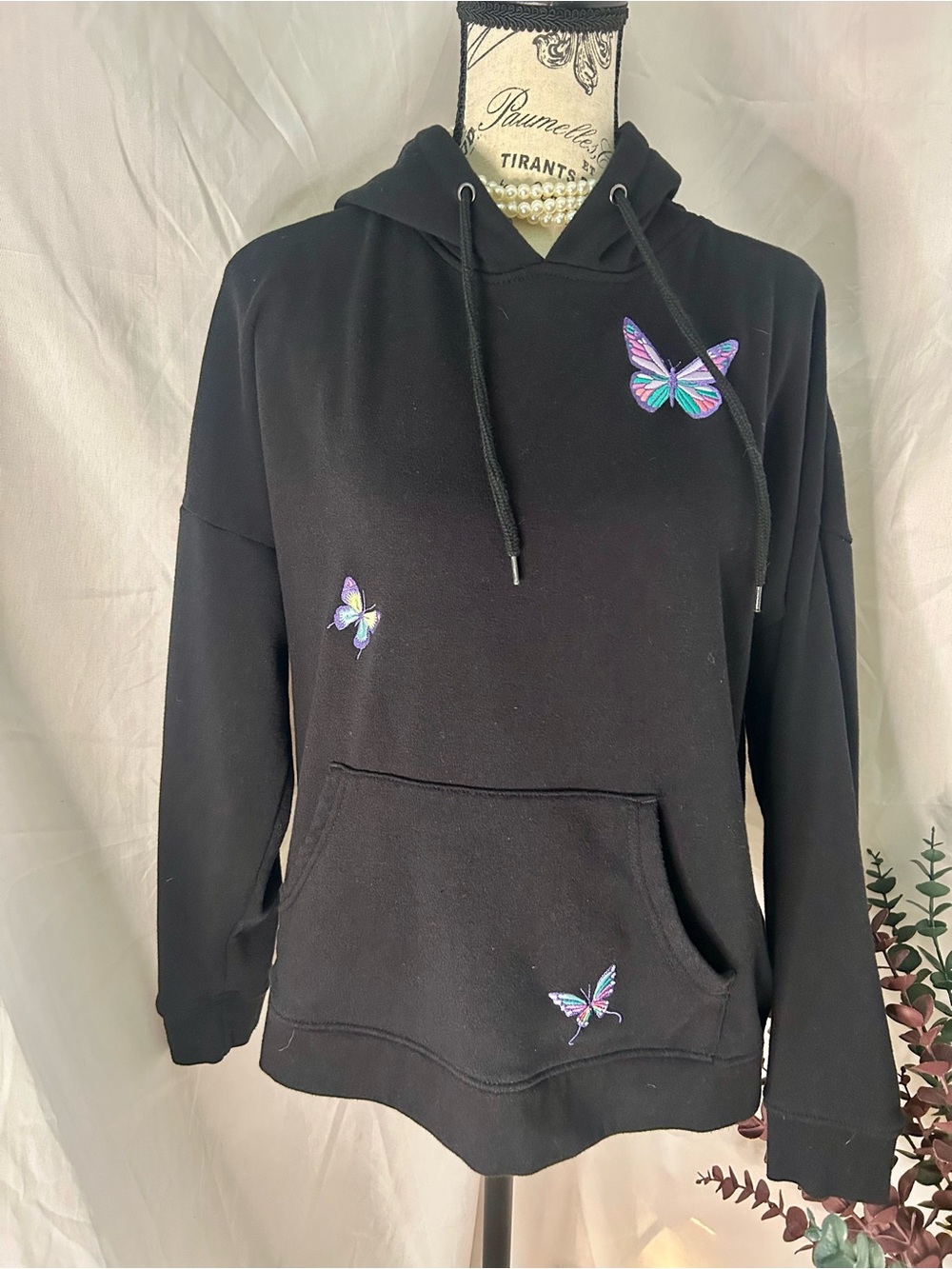 Women's Black Pullover Hoodie with Colorful Butterfly Accents